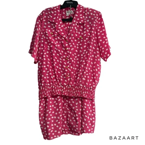 Vintage Lindsey Blake Pink & White Polka Dot 2 Piece Skirt & Blouse Set - Picture 2 of 7